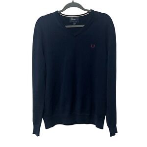Fred Perry V-Neck Sweater Mens Large Navy Blue Merino Wool Golf Preppy Nautical